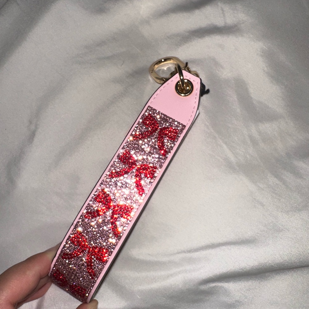 Pink and Red ribbon 🎀 bow Embellished Keychain bedazzled keychain wristlet 💞